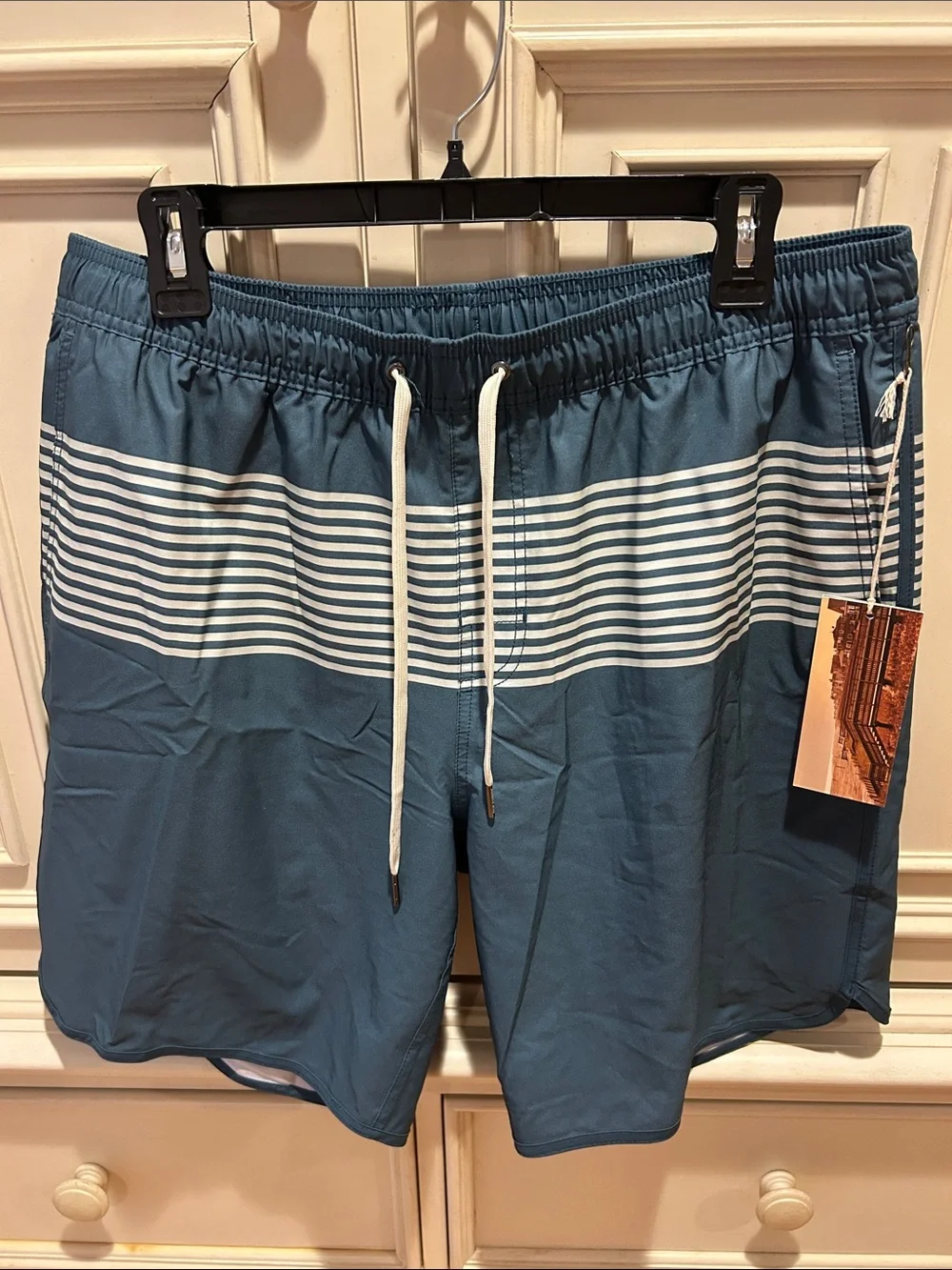 Fair Harbor Men's Teal Blue Striped Swim Trunks